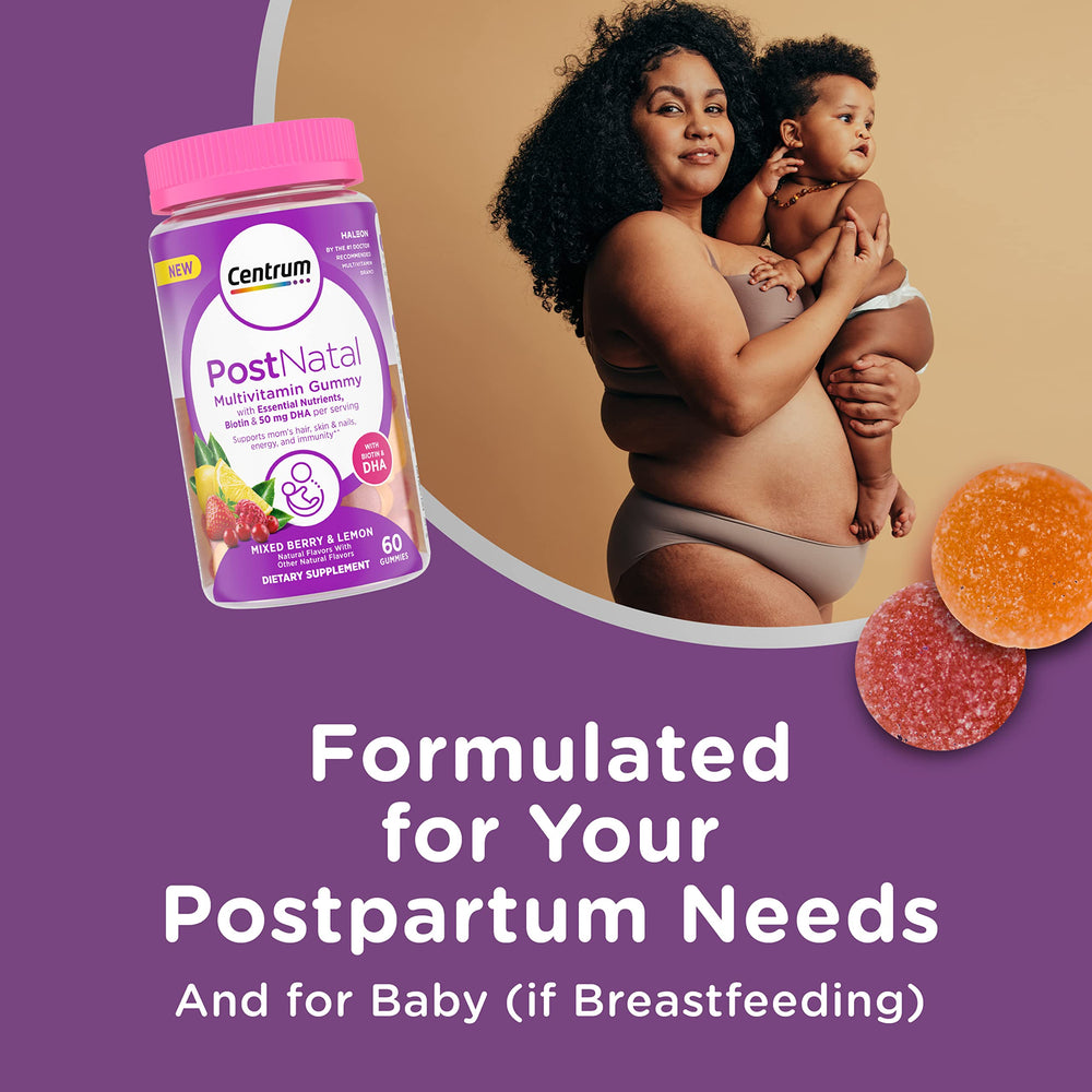 Centrum Postnatal Gummies bottle back with nutrition highlights.
