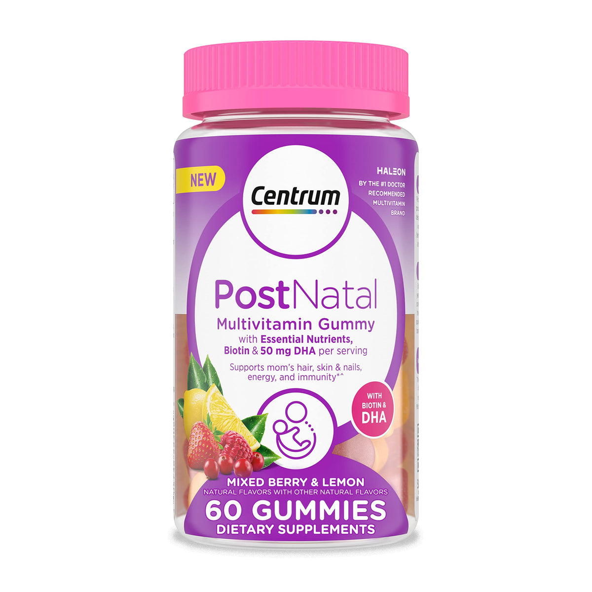 Centrum Postnatal Gummies bottle front showing mixed berry and lemon flavors.