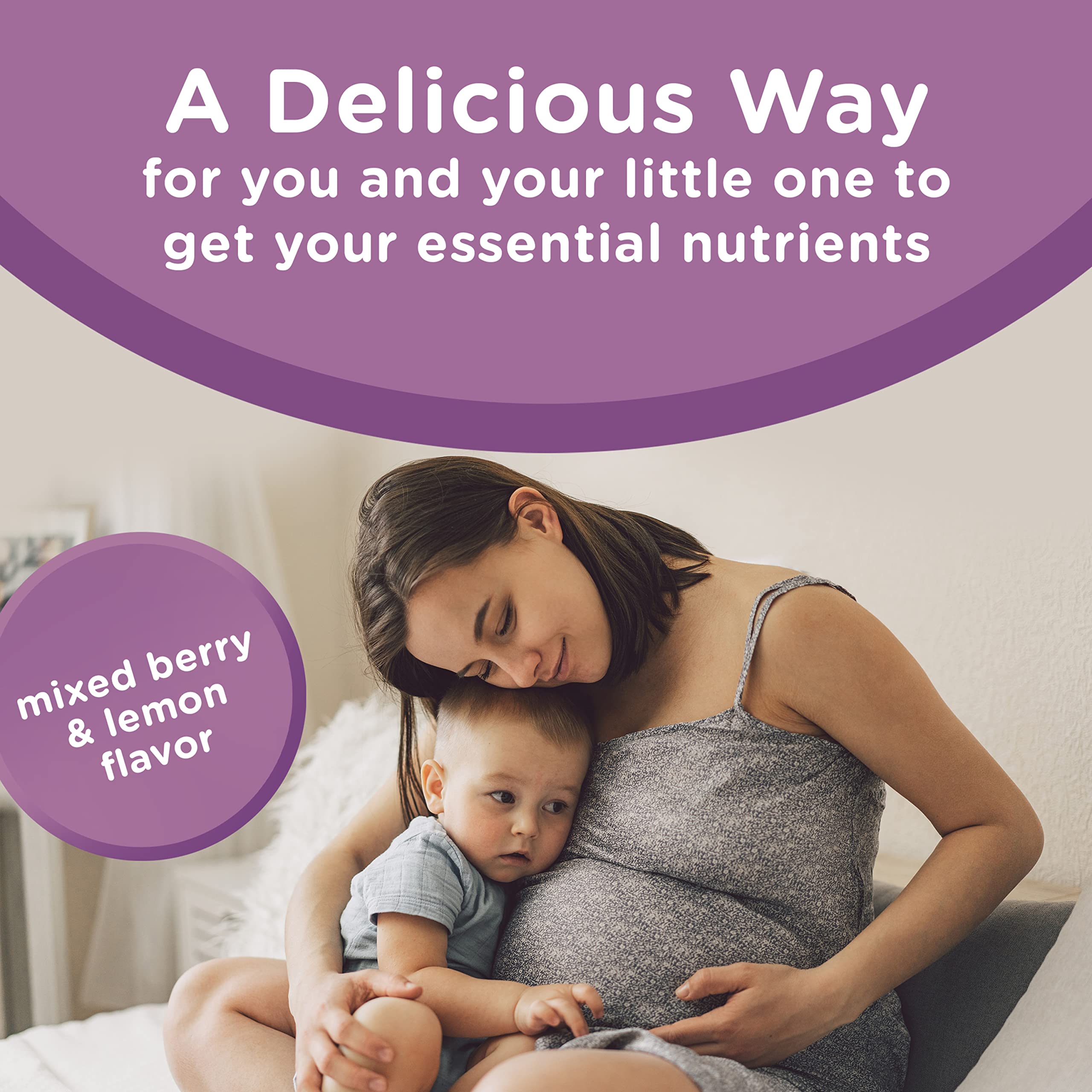 DHA and iodine icons on Centrum Postnatal Gummies packaging.