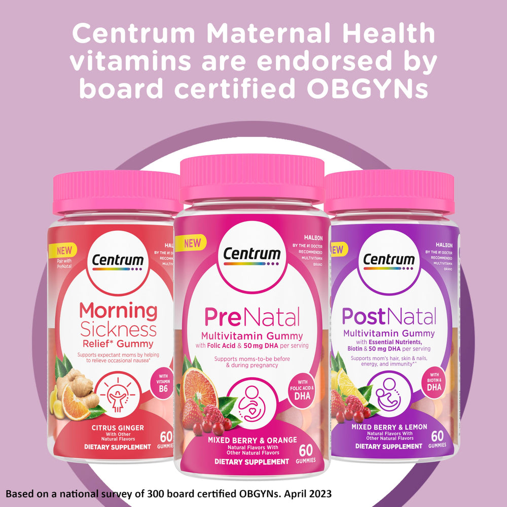 Close-up of mixed berry and lemon flavors in Centrum Postnatal Gummies.