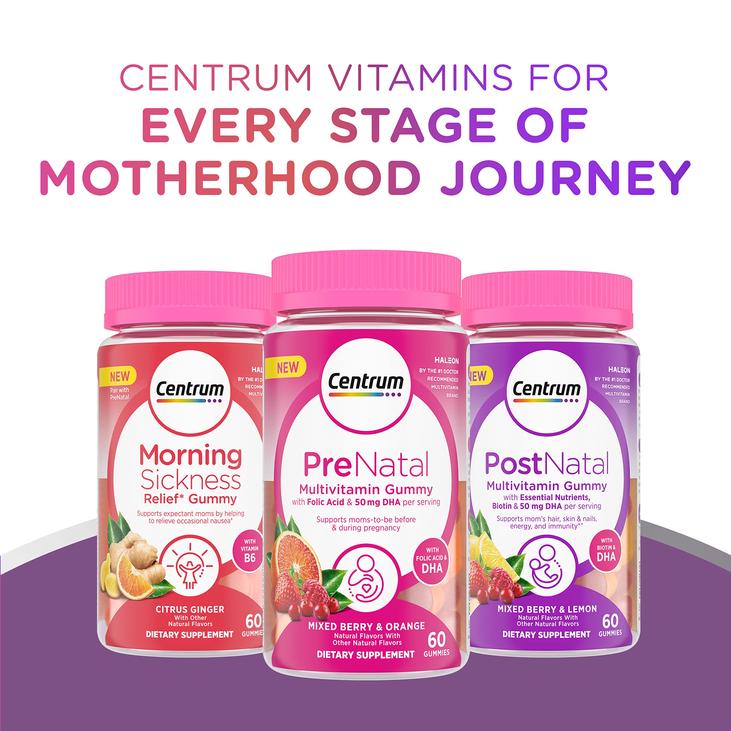 Gluten-free badge on Centrum Postnatal Gummies packaging.