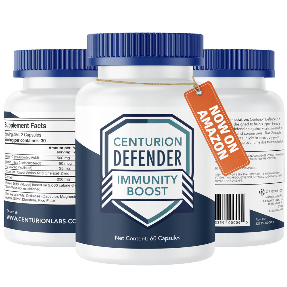 Centurion Labs Defender Immunity Boost bottle provides a convenient 60-cap daily wellness option.
