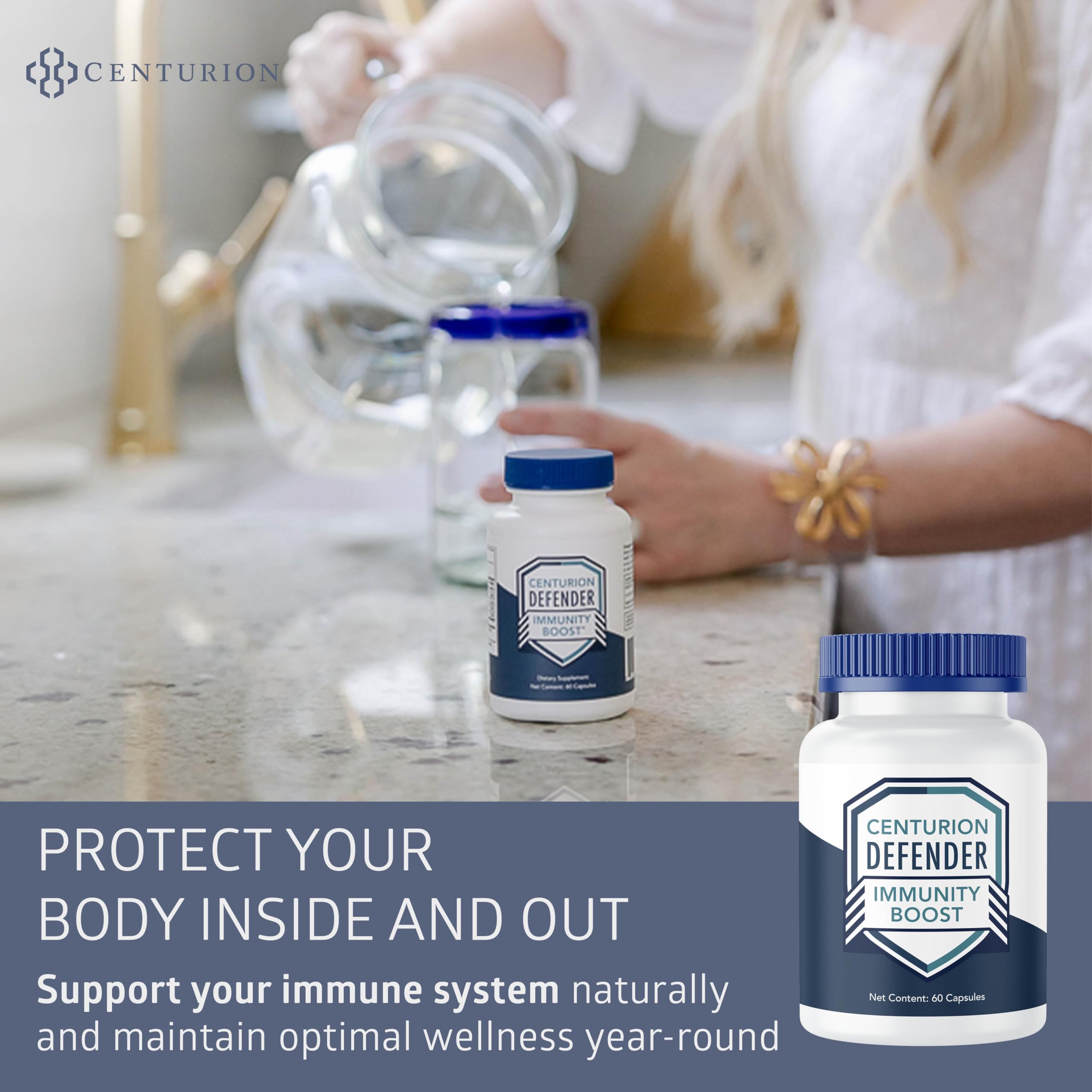 Centurion Labs Defender Immunity Boost ingredients panel highlights quercetin and five-ingredient blend for daily wellness.