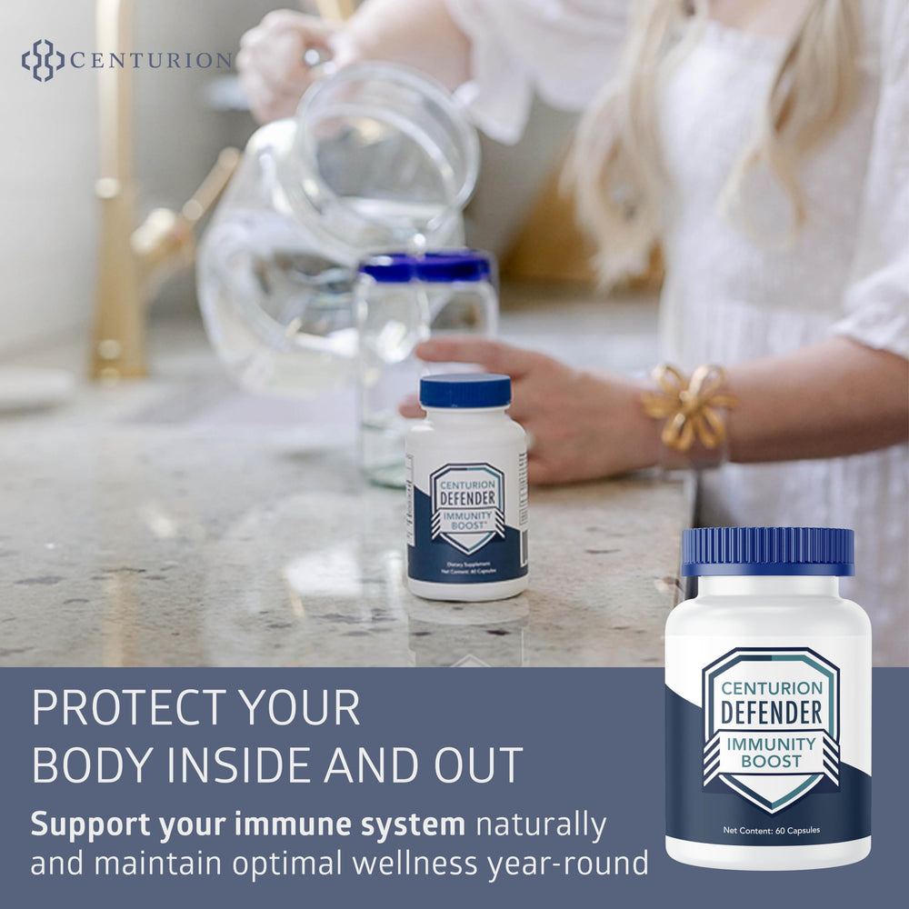 Centurion Labs Defender Immunity Boost ingredients panel highlights quercetin and five-ingredient blend for daily wellness.