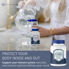 Centurion Labs Defender Immunity Boost ingredients panel highlights quercetin and five-ingredient blend for daily wellness.