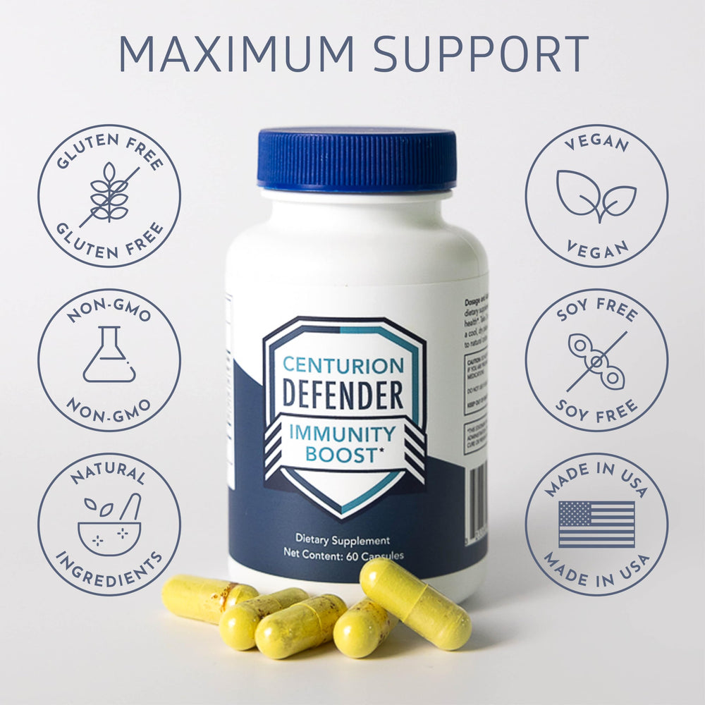 Centurion Labs Defender Immunity Boost packaging communicates safety and natural formulation.