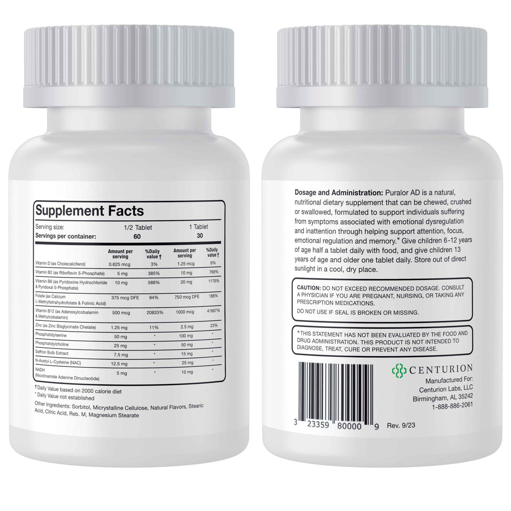Centurion Puralor AD bottle back with ingredients and dosing for parents