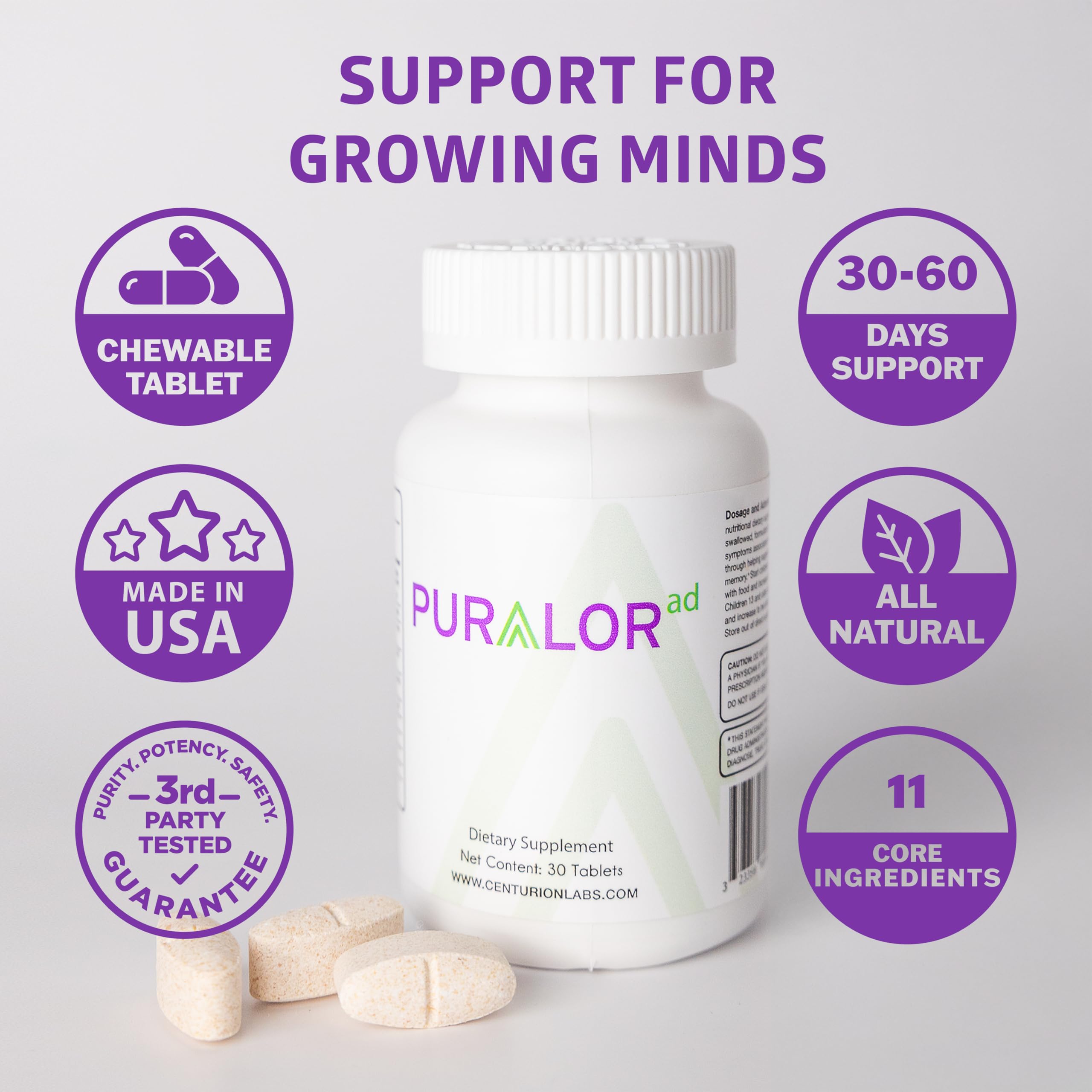 Centurion Puralor AD chewables on a child-friendly tray for routines