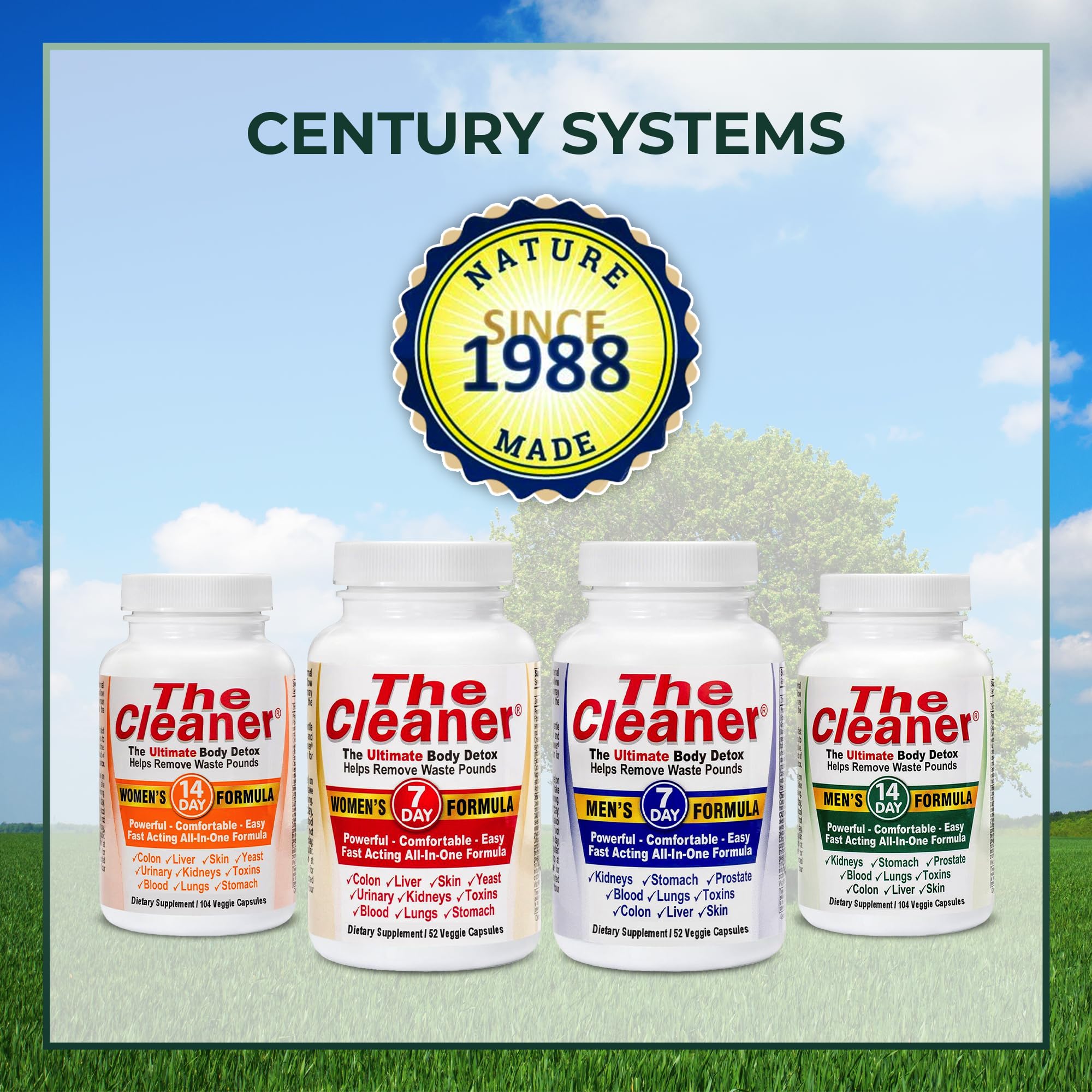 Label and packaging emphasize Century Systems The Cleaner Detox complete cleansing concept.