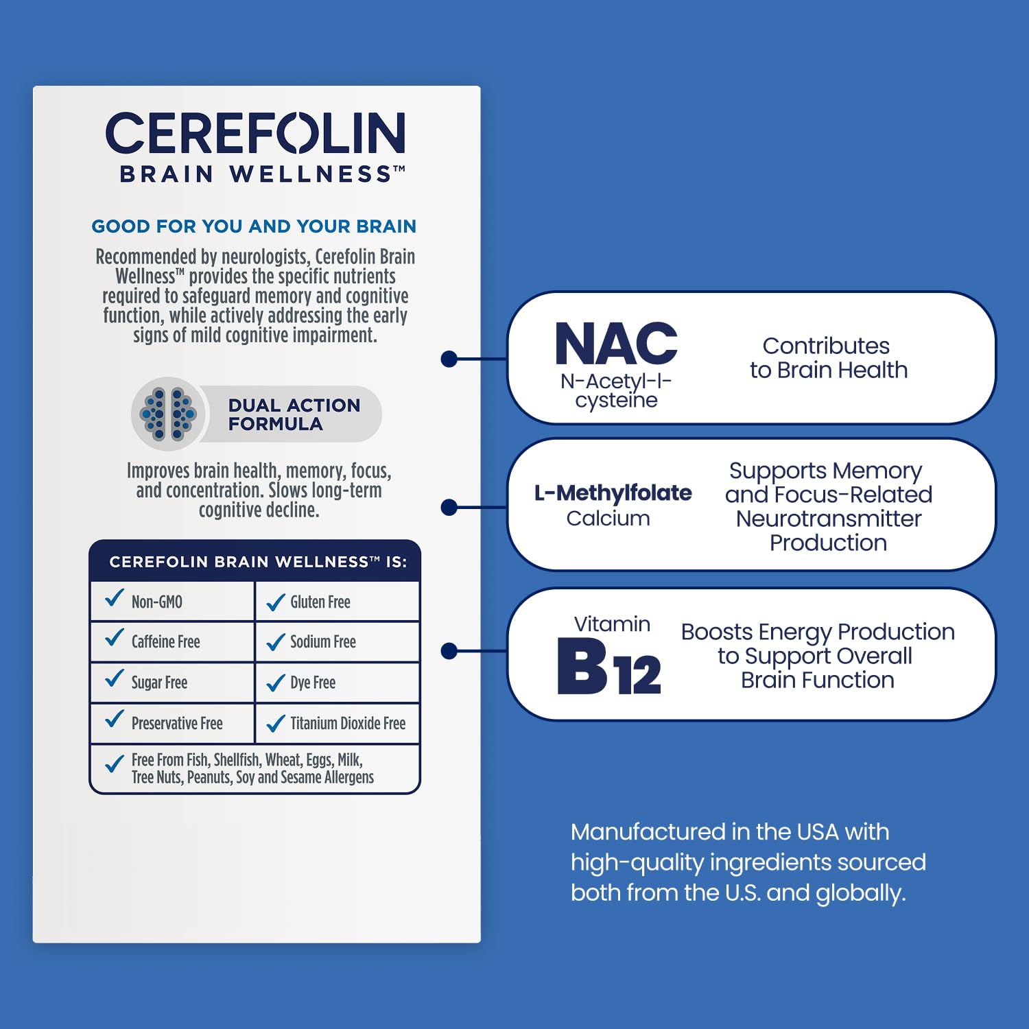 Cerefolin Brain Wellness tablets close-up showing capsules designed for sustained cognitive support