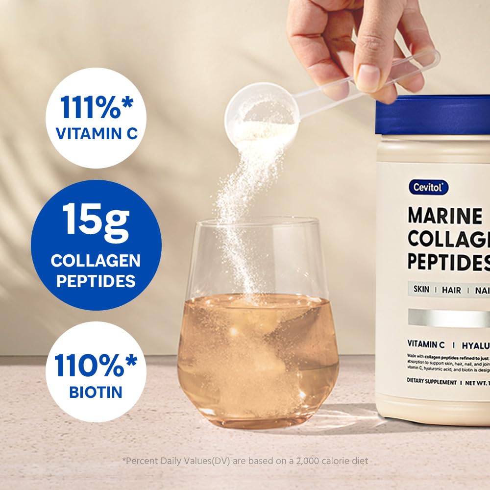 Cevitol Marine Collagen Peptides unflavored jar label emphasizes clean supplement
