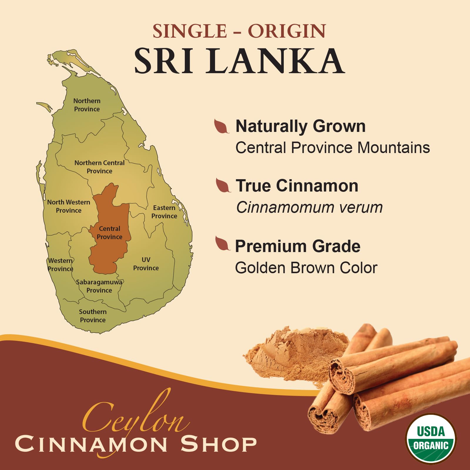Ceylon Cinnamon Shop organic certification logos emphasize trusted sourcing.