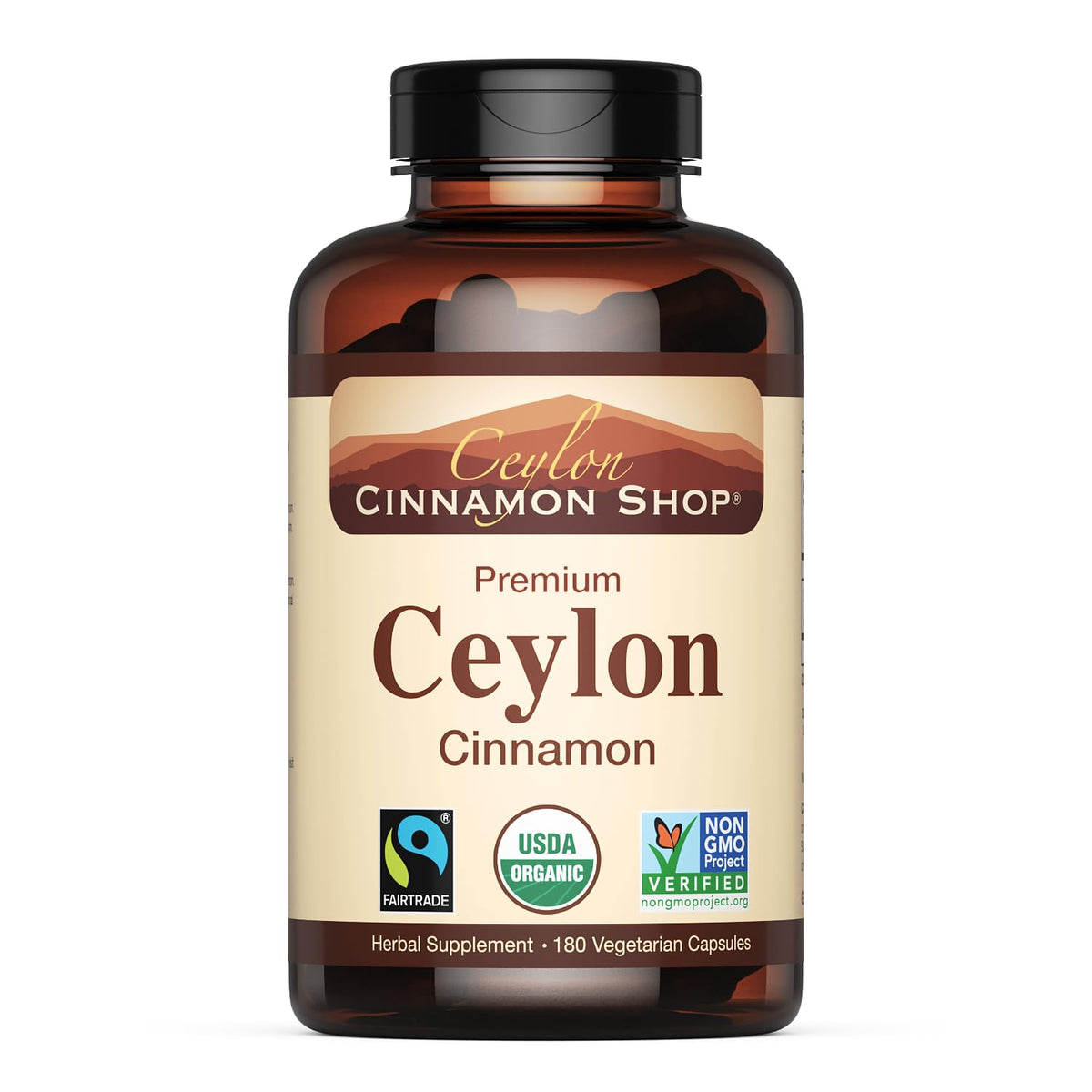 Ceylon Cinnamon Shop organic cinnamon bottle label highlights certified authentic Ceylon cinnamon.