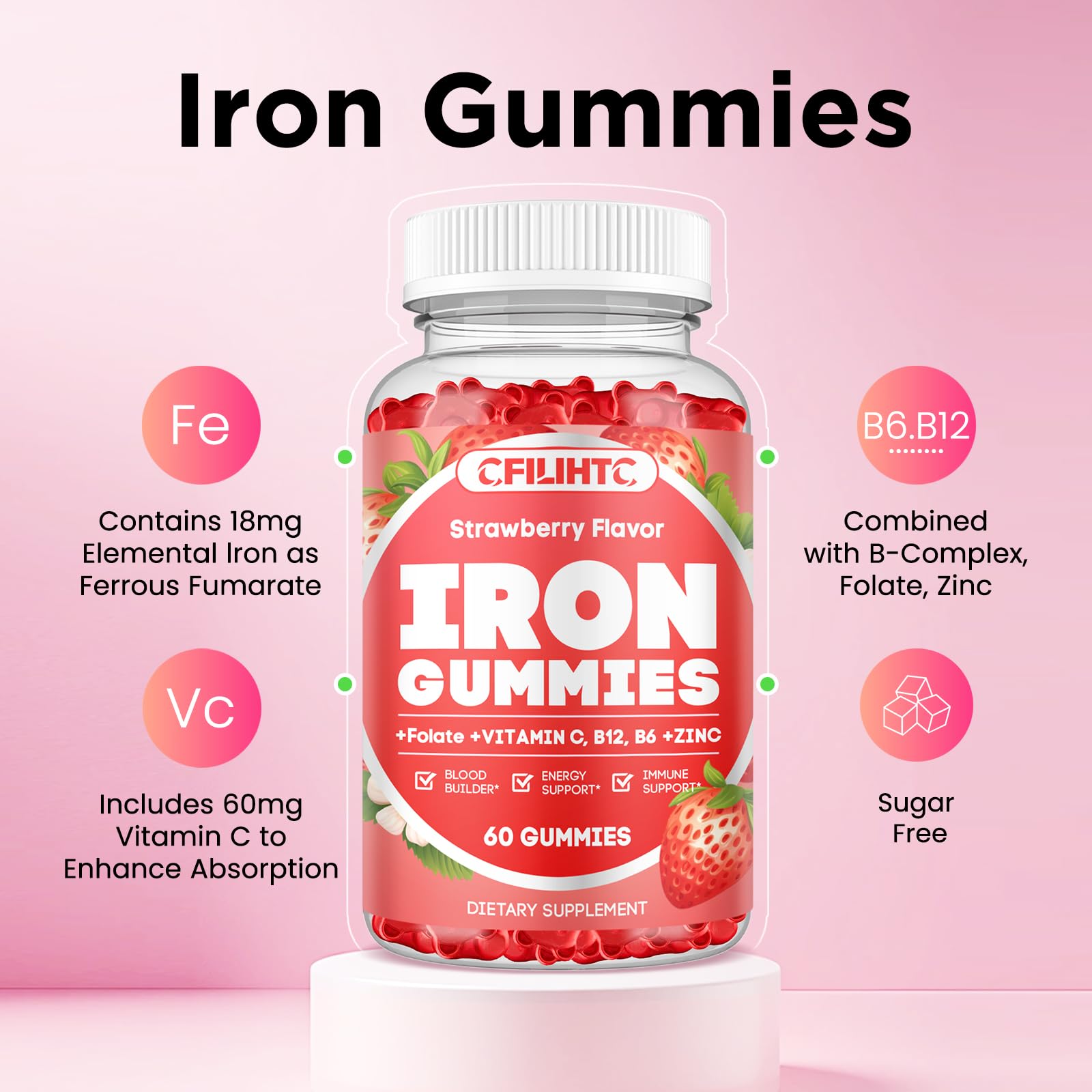 CFILIHTC Iron Gummies 60 count bottle for steady daily intake