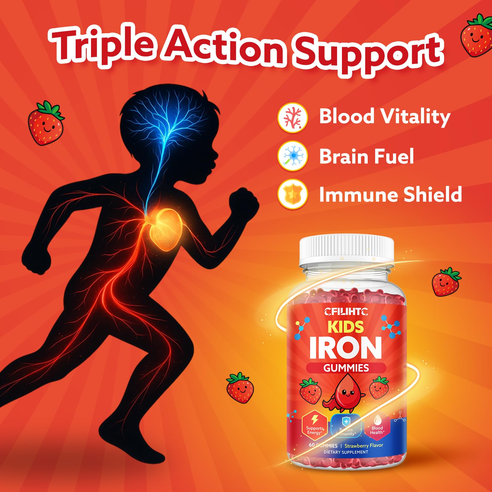 CFILIHTC Iron Gummies closeup-fruit texture; chewy strawberry texture