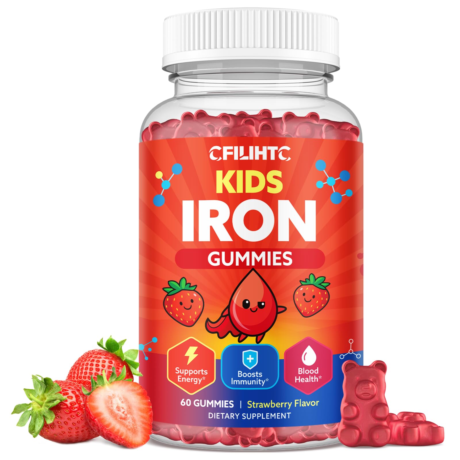 CFILIHTC Iron Gummies kids bottle-front; strawberry flavor for daily energy