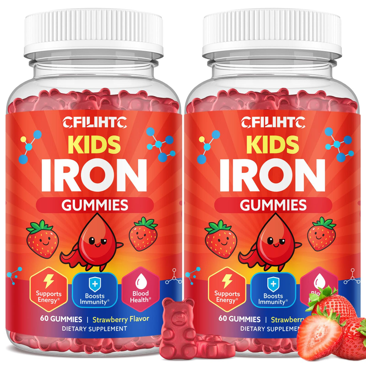 CFILIHTC iron gummies bottle with strawberry flavor for daily energy support in kids