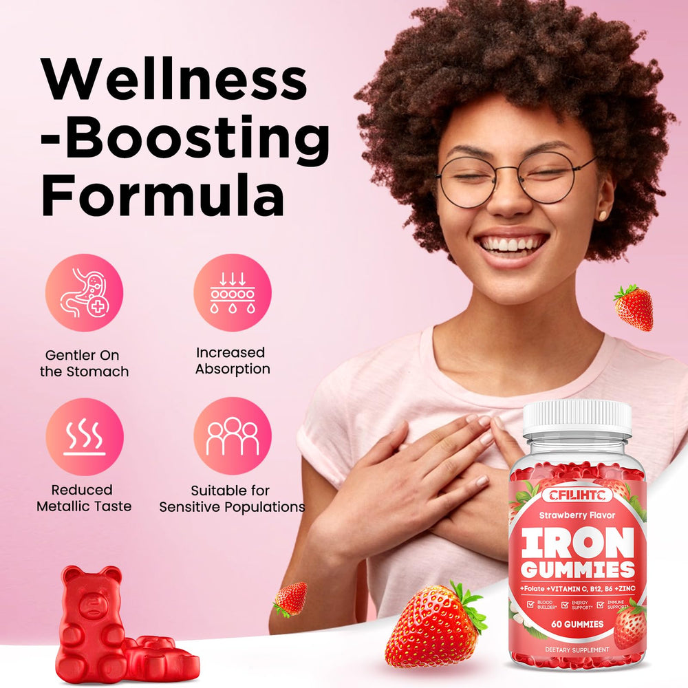 CFILIHTC Iron Gummies bottle back displays nutrition details for absorption