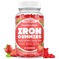 CFILIHTC Iron Gummies strawberry bottle front shows a tasty energy friendly supplement