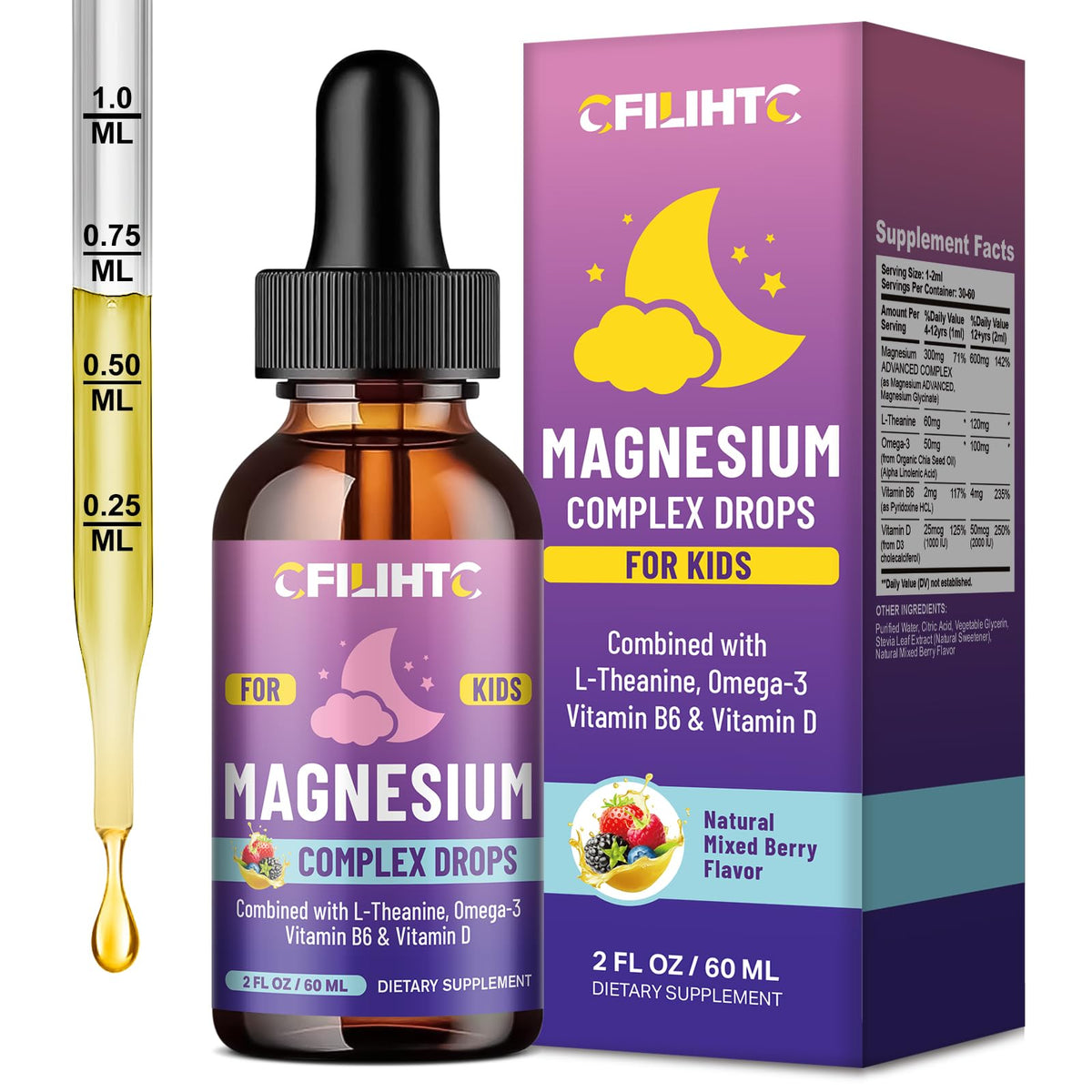 CFILIHTC Kids Magnesium Liquid bottle with mixed berry flavor for easy dosing