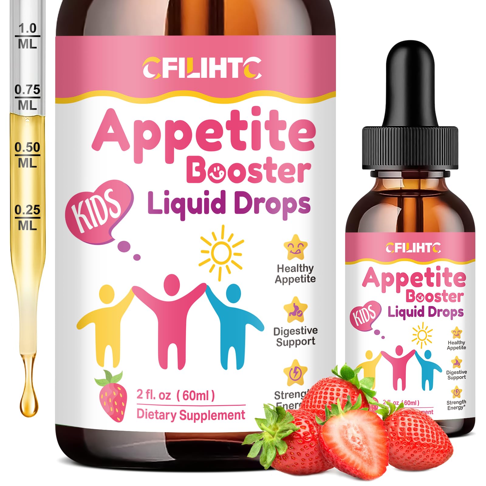 CFILIHTC liquid appetite booster for kids bottle shows clear labeling and nutrients.