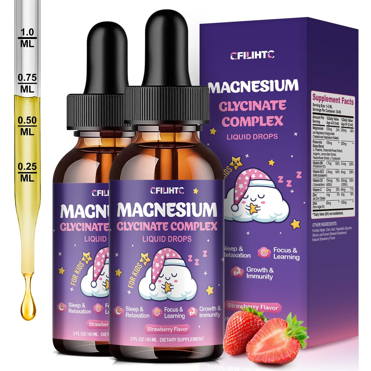 CFILIHTC magnesium glycinate drops bottle with strawberry flavor supports calm and focus.