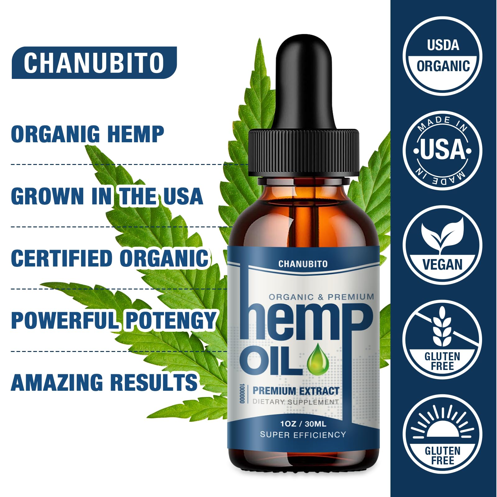 CHANUBITO hemp oil vegan non-GMO label signals clean plant-based tincture.