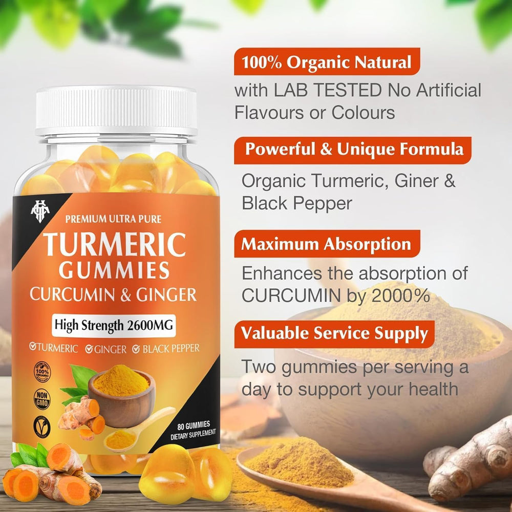 Close-up of gummies with ginger and black pepper blend for enhanced absorption.