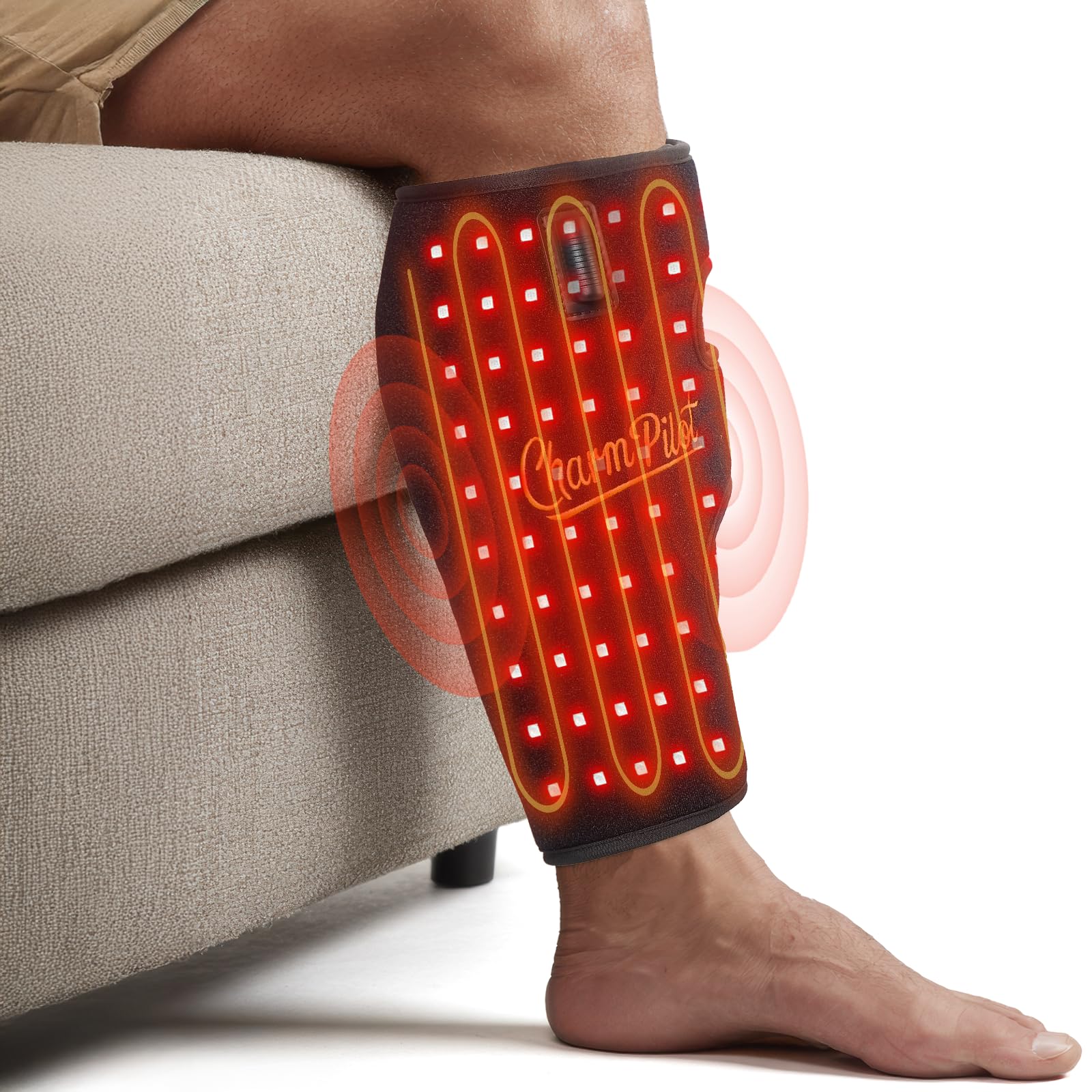 Charmpilot red light therapy pad calf closeup for soothing leg relaxation.