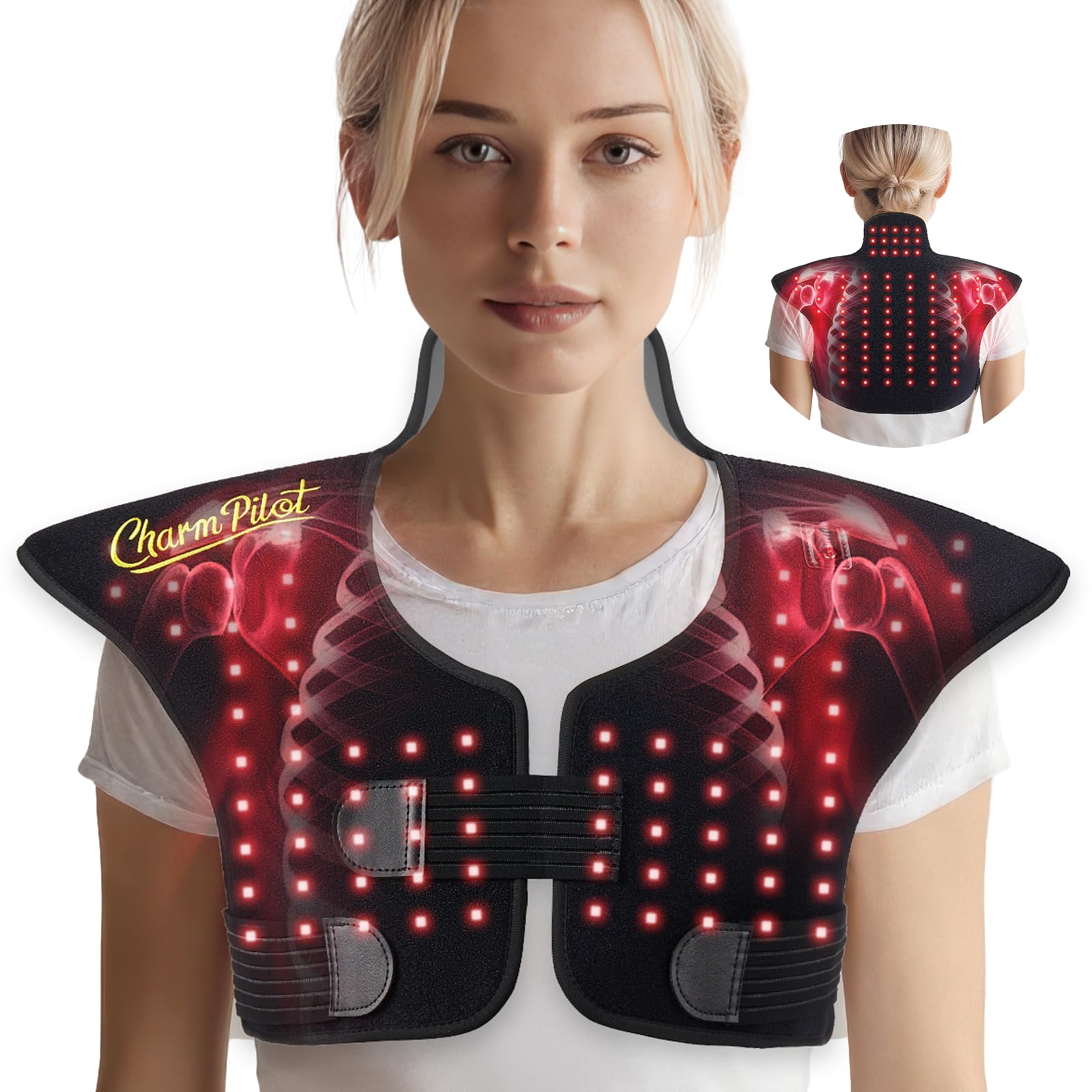 Charmpilot red light therapy pad worn on neck and shoulders for soothing warmth.