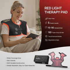 Charmpilot red light therapy pad worn on upper back during daily activities.