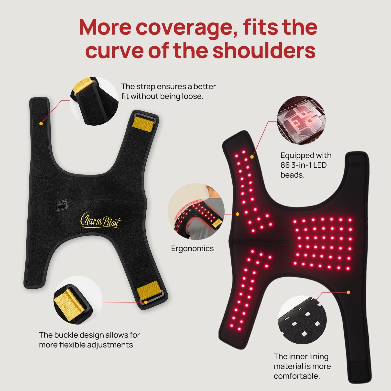 Charmpilot on left shoulder demonstrating ergonomic coverage.