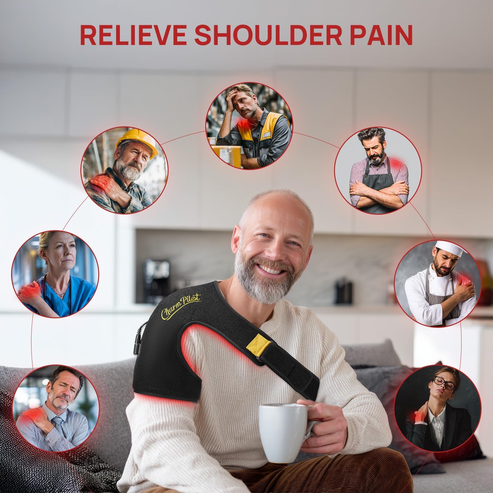 Strap adjustment on Charmpilot shoulder pad for secure, comfortable fit.