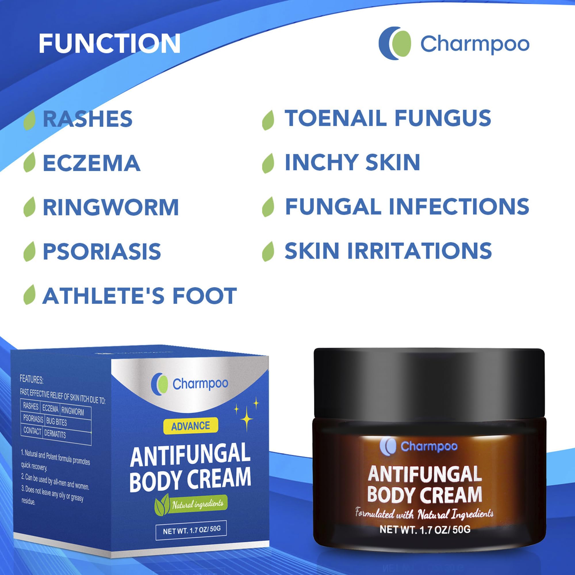 CHARMPOO antifungal cream label closeup highlighting natural ingredients for skin protection