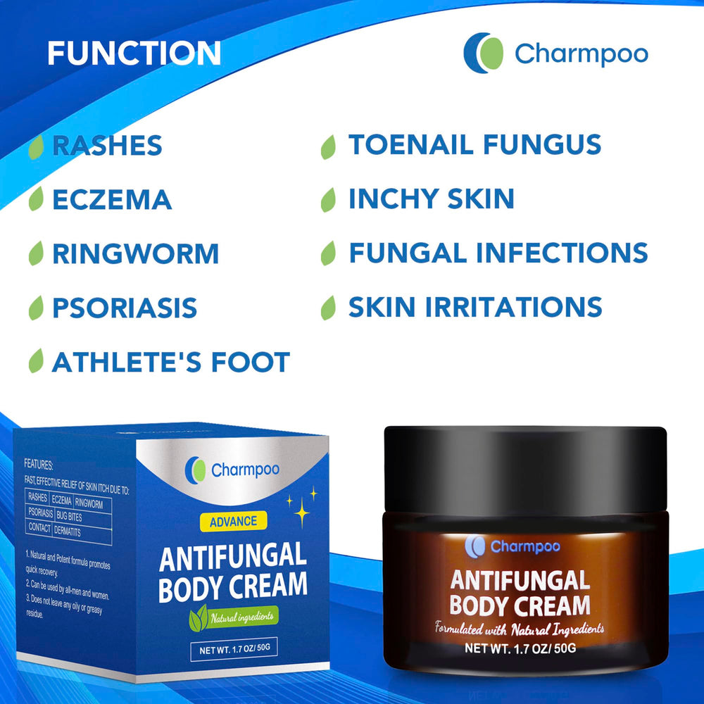 CHARMPOO antifungal cream label closeup highlighting natural ingredients for skin protection