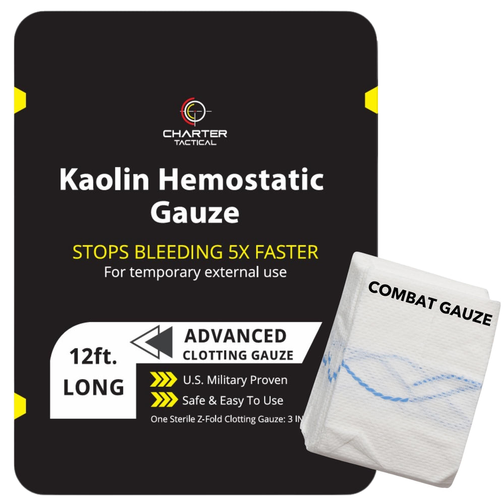 Charter Tactical quick clotting gauze in action for rapid wound packing in the field