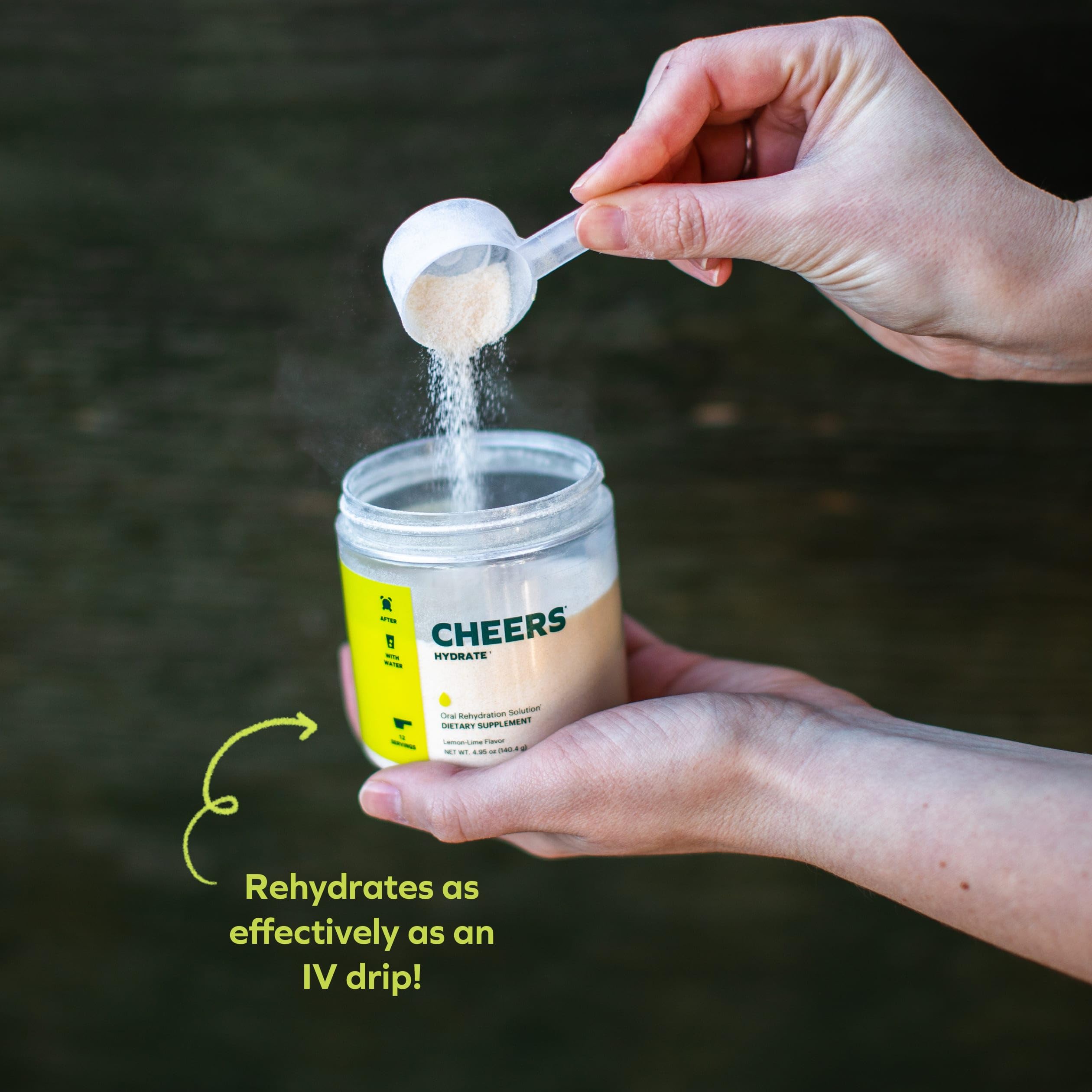 Cheers Hydrate packaging tub ready for travel and on the go hydration.