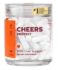 Cheers Protect bottle front offering daily liver support at a glance.
