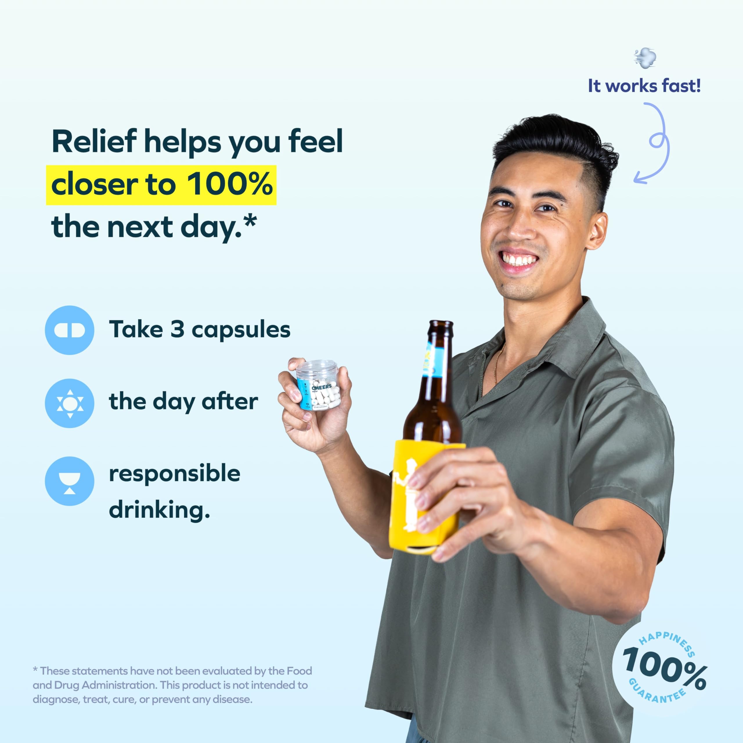 Cheers Relief capsules closeup showing easy-to-take form