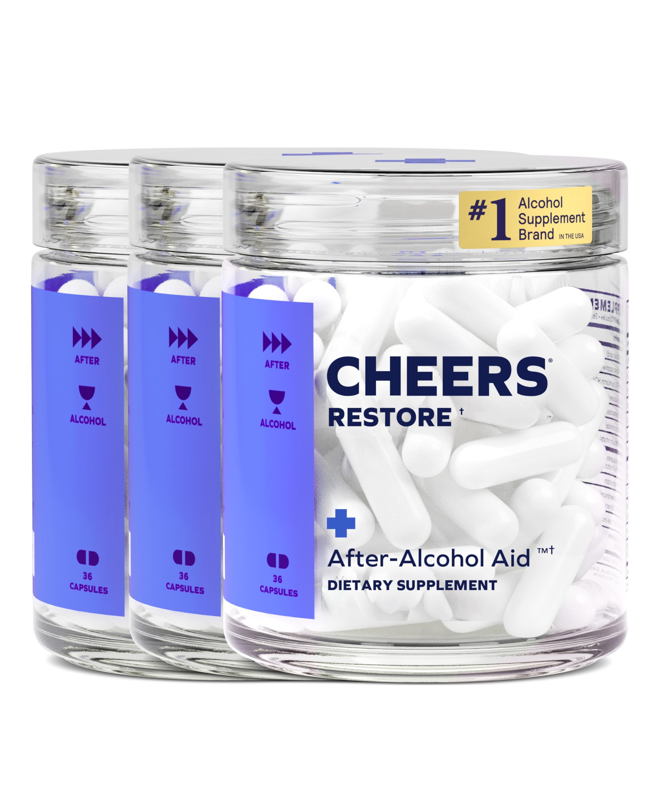 Cheers Restore bottle front view, patent-backed after-alcohol supplement
