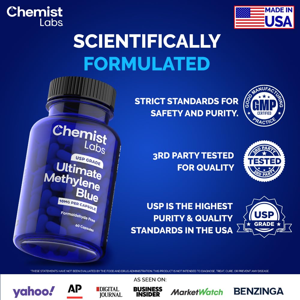 Close-up of a 10 mg Chemist Labs methylene blue capsule.