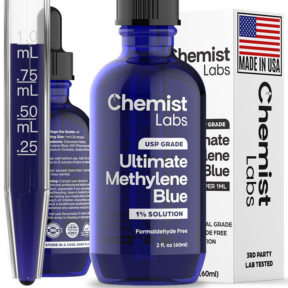 Chemist Labs Methylene Blue drops bottle showing premium, blue liquid for daily use