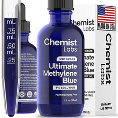 Chemist Labs Methylene Blue drops bottle showing premium, blue liquid for daily use