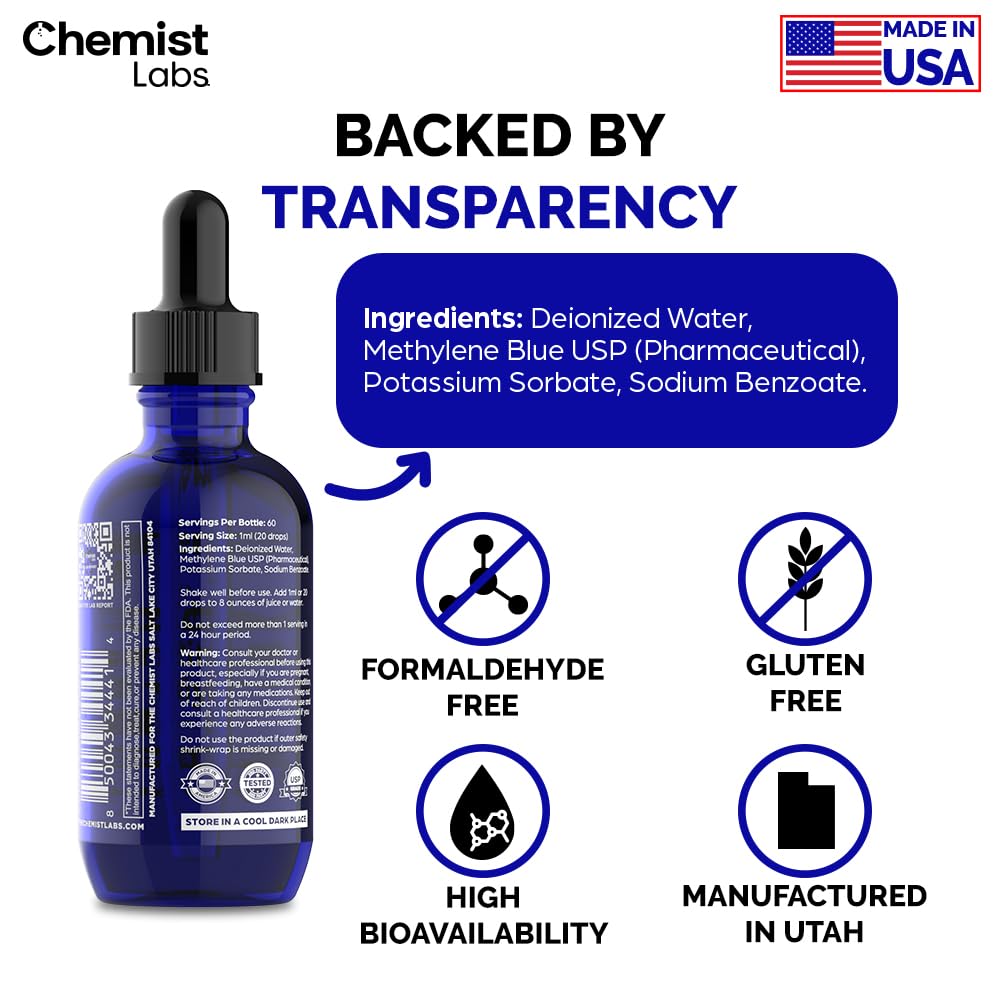 Chemist Labs Methylene Blue with GMP facility branding for quality