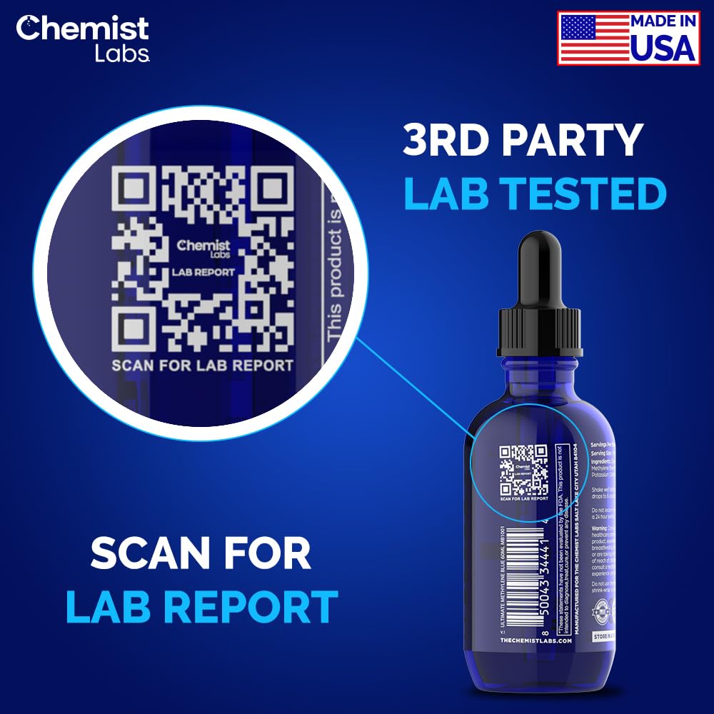 Chemist Labs Methylene Blue label highlighting USP grade certification