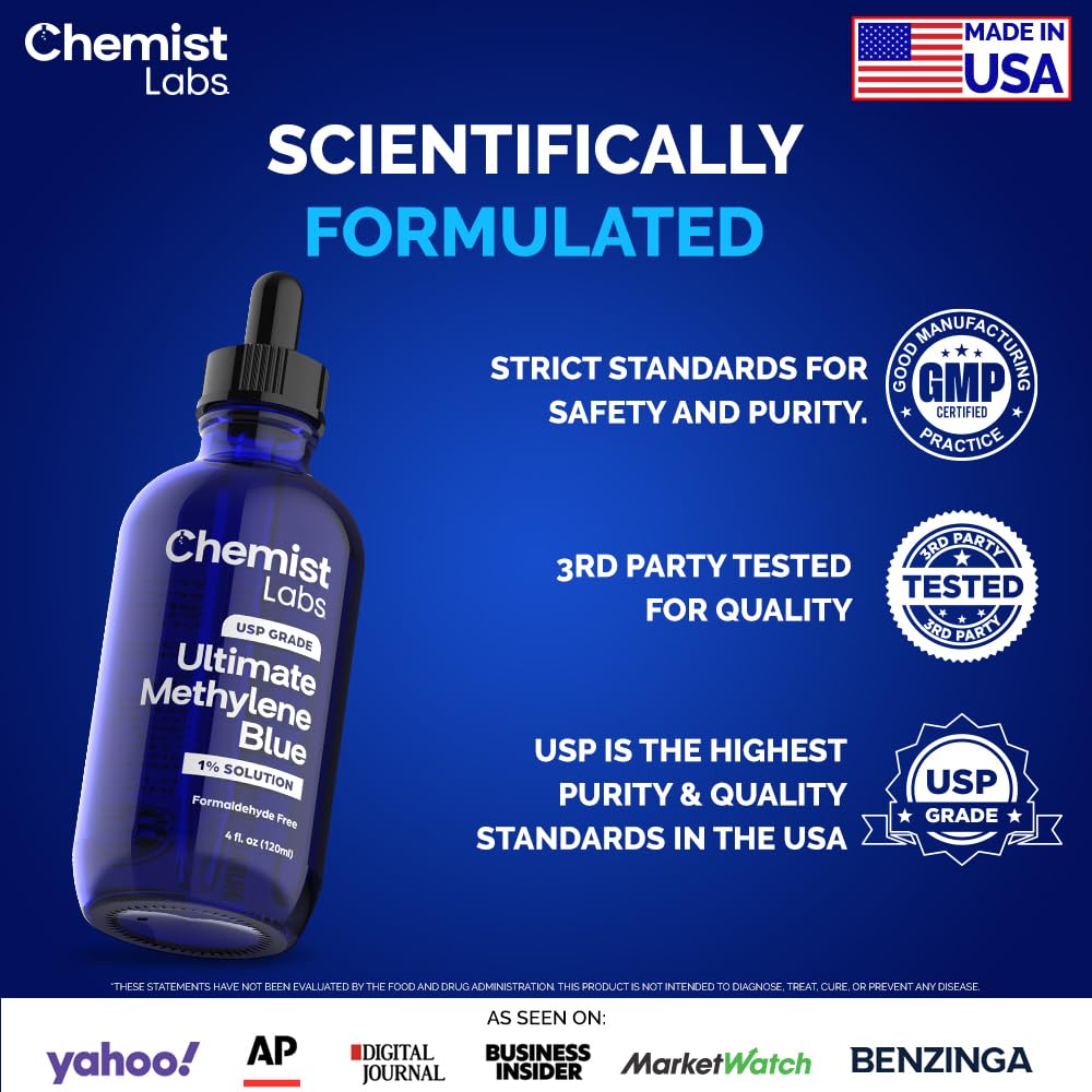 Chemist Labs One Percent Methylene Blue Liquid shows precise 1 ml servings.