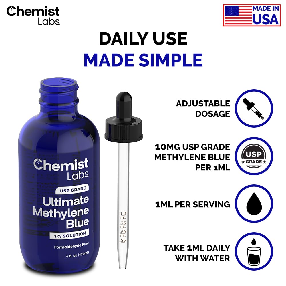 Chemist Labs USP Grade Purity seal for high-purity methylene blue.