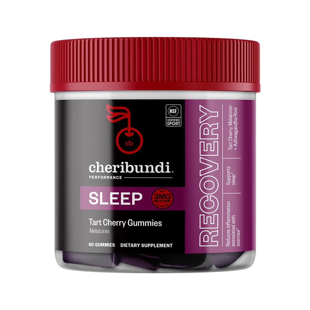 Cheribundi Tart Cherry Gummies Sleep bottle front highlights a tasty, sleep-supporting snack.