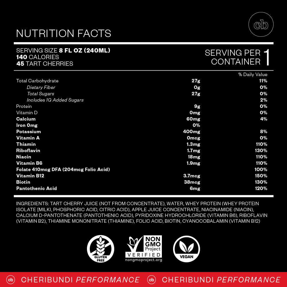 Cheribundi Tart Cherry Juice Protein bottle close-up highlights 9 g whey protein