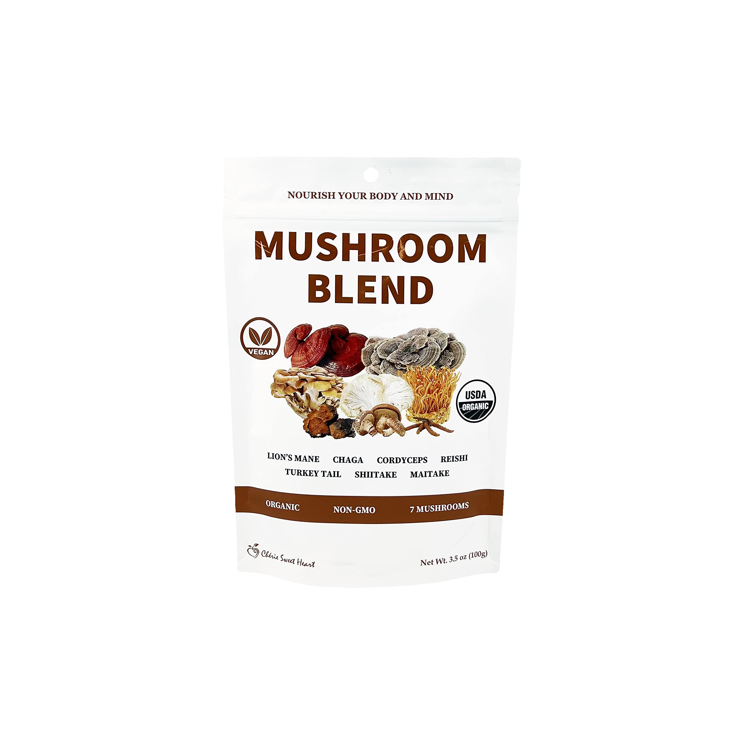Cherie Sweet Heart 7 Mushroom Powder bag front showing organic blend ready to use in smoothies.